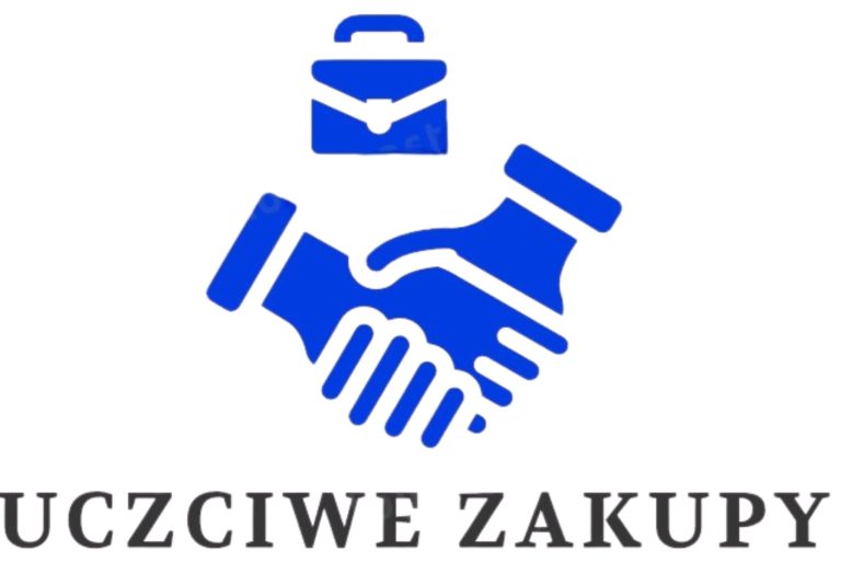 Dwie ręce na tle teczki, tekst "Uczciwe Zakupy