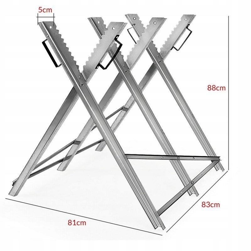 Metalowa składana konstrukcja z wymiarami: 81cm x 83cm x 88cm, z zaznaczoną grubością 5cm.